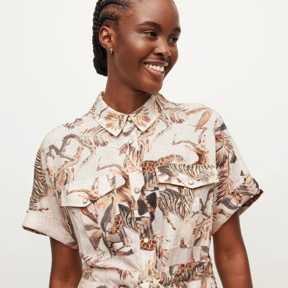 AllSaints Lily Ukushisa Print Romper Playsuit With Tropical Animal Safari Print